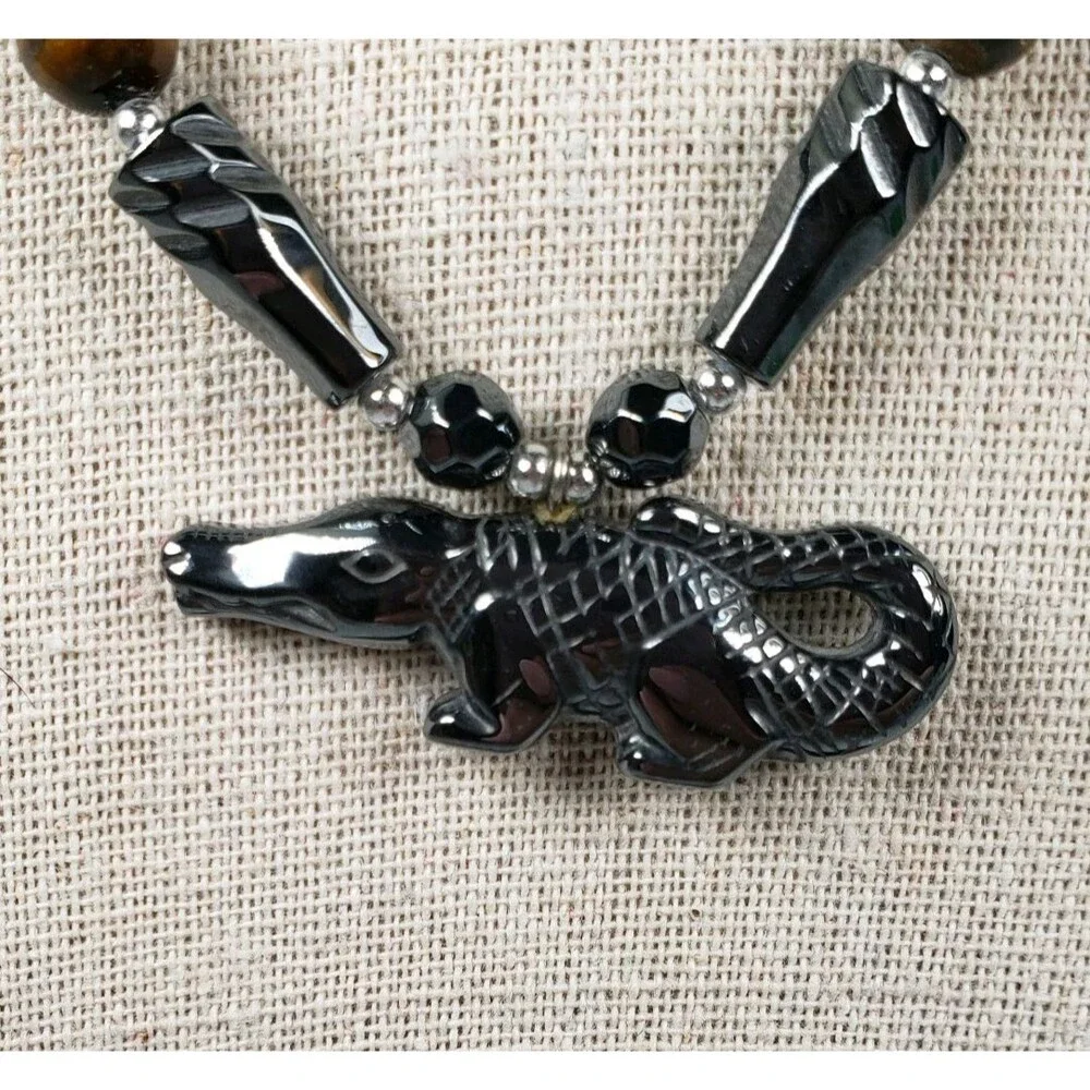 Carved Hematite & Tigers Eye Gator Pendant 17
